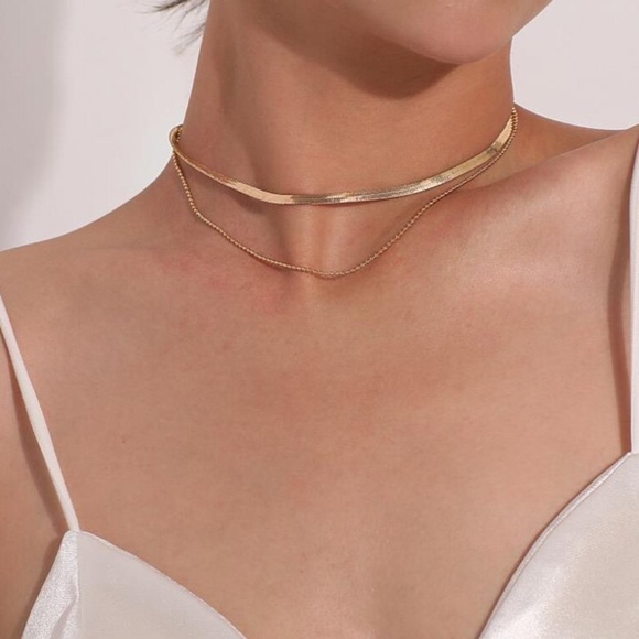 Flat Snake Chain Herringbone Layered Gold Necklace - Picture 5 of 8